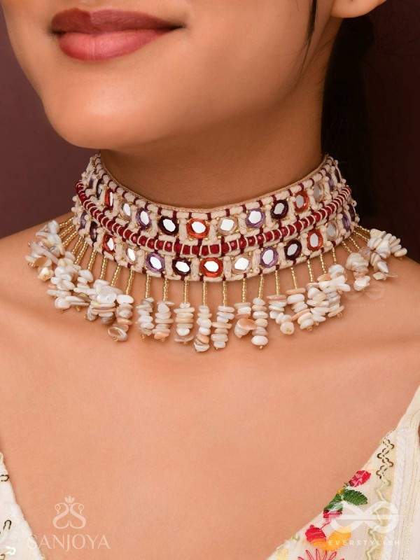 Revata - Hues Of Ocean - Mirror And Resham Hand Embroidered Neckpiece