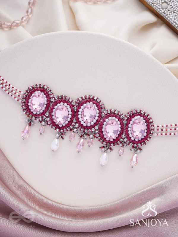 Udagat - Blushing Rose - Stone, Beads And Glass Drops Hand Embroidered Neckpiece