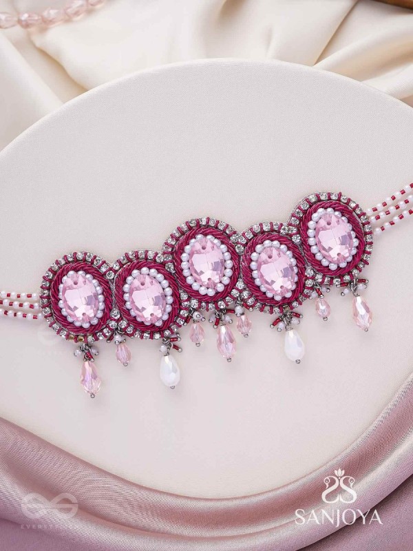 Udagat - Blushing Rose - Stone, Beads And Glass Drops Hand Embroidered Neckpiece