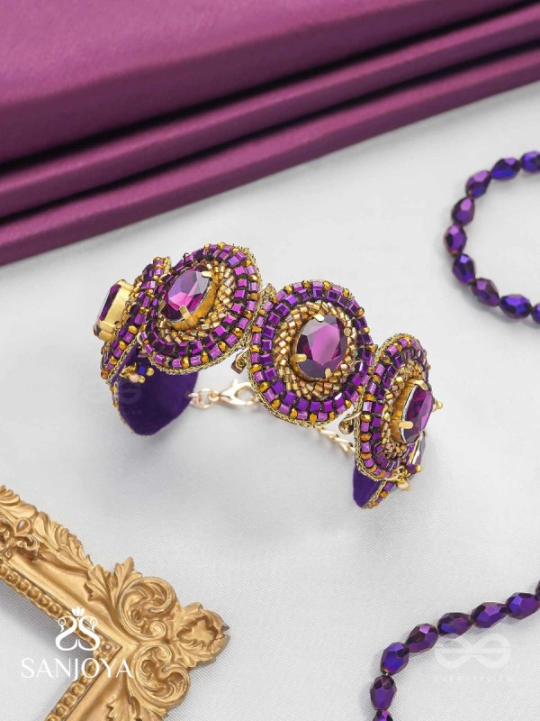 Ruksavarna - The Lustrous Amethyst - Stone, Beads And Cut Dana Hand Embroidered Cuff Bracelet