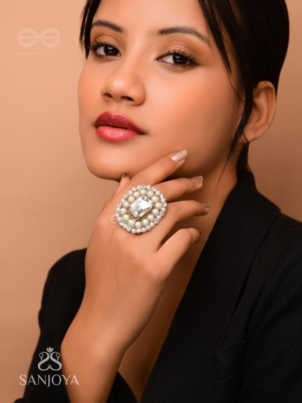 Indukamala - Moonlit Pearl Majesty - Stone And Pearls Hand Embroidered Ring