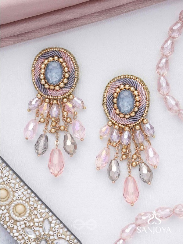Ahraya - The Pink Fog - Stone, Beads And Glass Drop Hand Embroidered Earrings