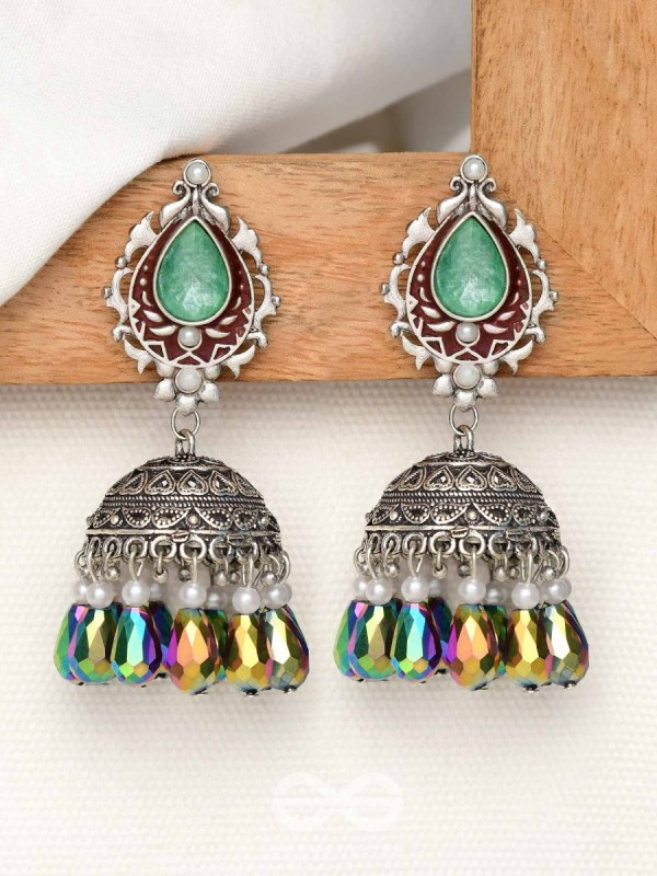The Daytime Blitz - Statement Embellished And Enamelled Oxidised Jhumka Earrings