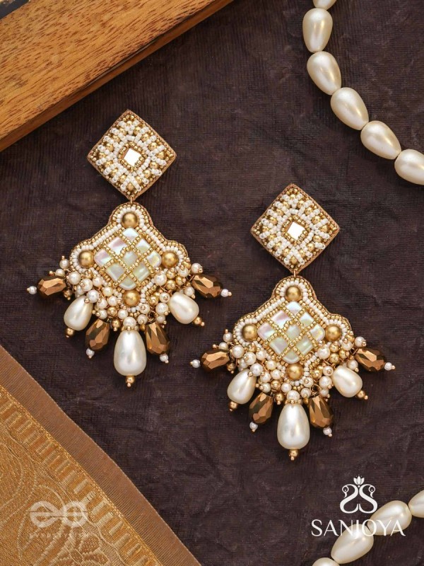 Kosavasin - Golden Sands Delight -Beads And Glass Drops Hand Embroidered Earrings