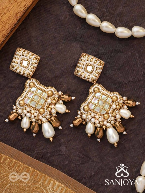 Kosavasin - Golden Sands Delight -Beads And Glass Drops Hand Embroidered Earrings