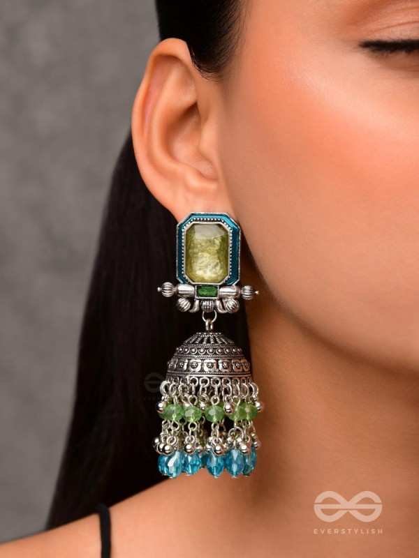 The Aqua Enchantments - Statement Embellished And Enamelled Oxidised Jhumka Earrings
