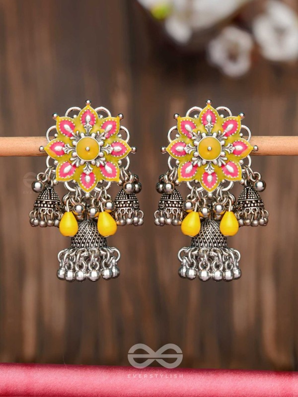 The Sunburst Bloom - Statement Enamelled Oxidised Jhumka Earrings