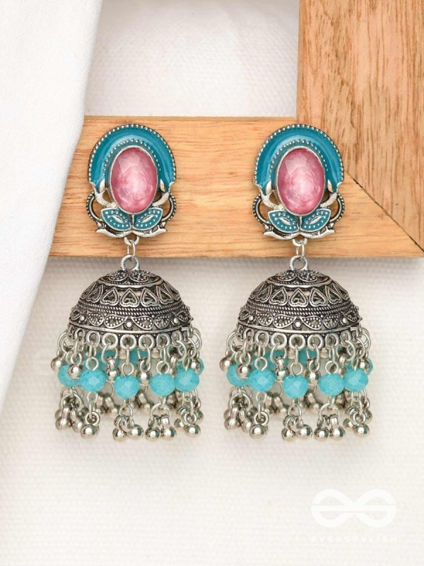 The Blushing Clouds - Statement Embellished And Enamelled Oxidised Jhumka Earrings