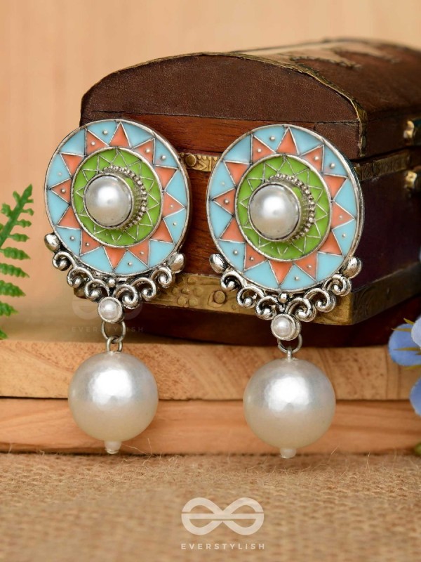 The Serene Carvings - Enamelled Oxidised Pearl Earrings