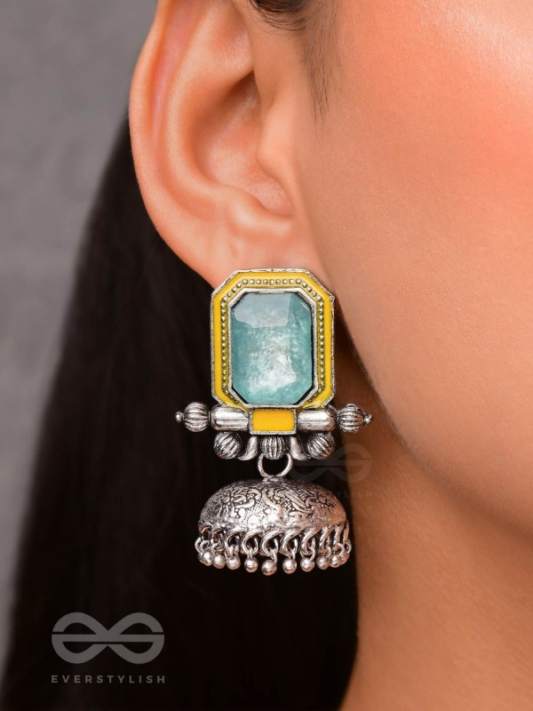 The Sunny Breeze - Embellished And Enamelled Oxidised Jhumka Earrings