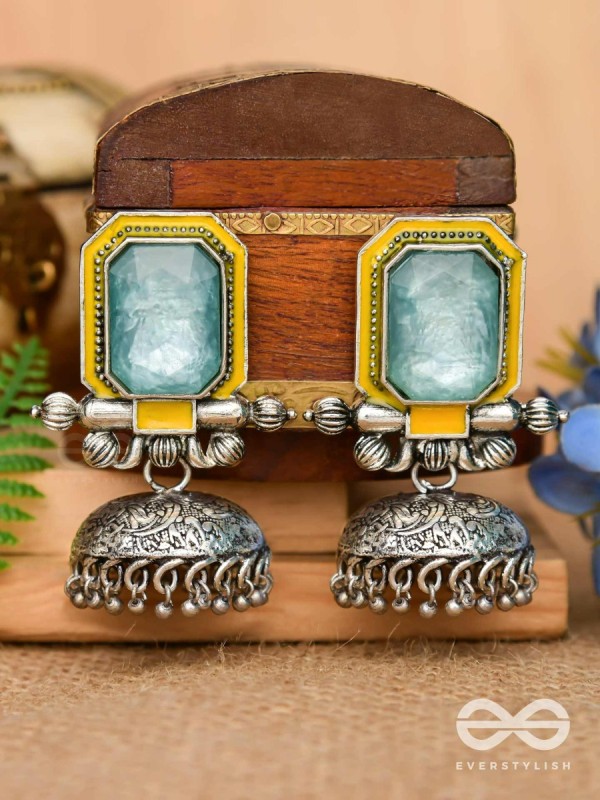 The Sunny Breeze - Embellished And Enamelled Oxidised Jhumka Earrings
