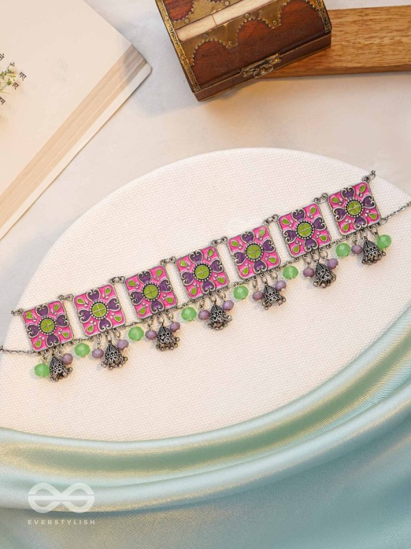 The Orchid Hues - Enamelled Oxidised Neckpiece