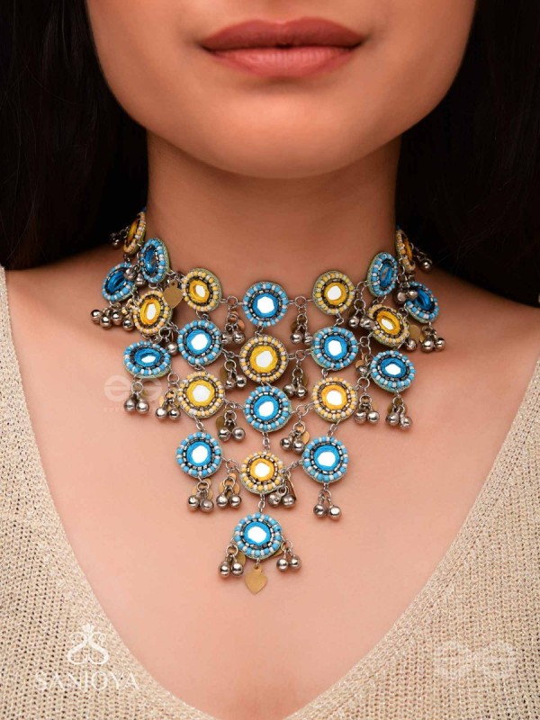 Parigha - The Cloud Line - Beads And Mirror Hand Embroidered Oxidised Neckpiece