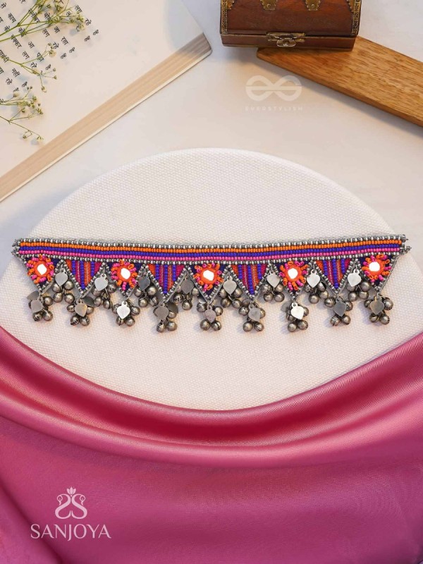 Sunarda - Amber Horizon - Mirror And Beads Hand Embroidered Oxidised Neckpiece