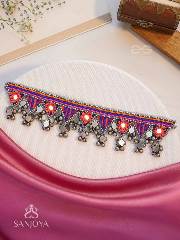 Sunarda - Amber Horizon - Mirror And Beads Hand Embroidered Oxidised Neckpiece