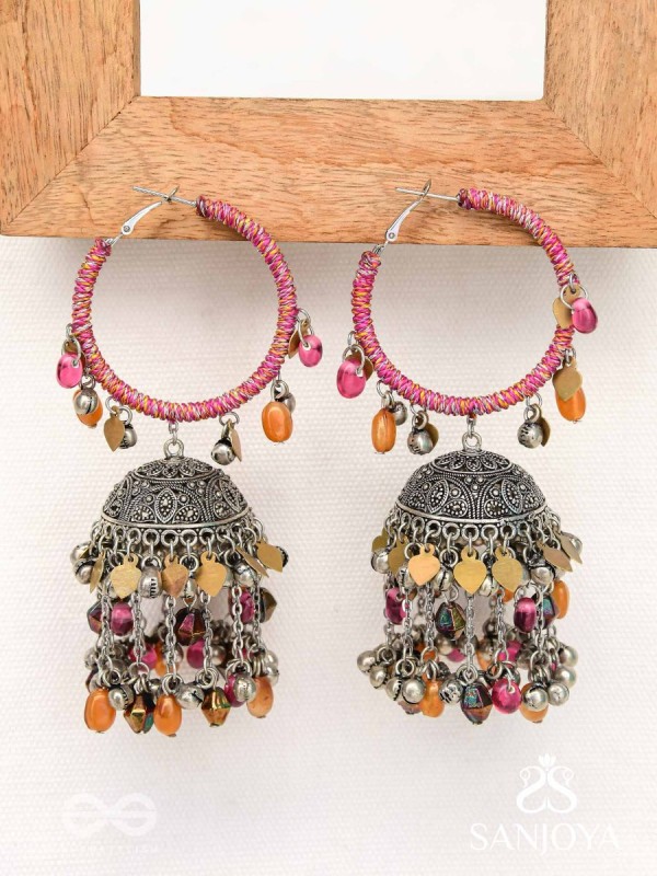 Stotavya - The Mira Chants- Beads, Resham And Glass Drops Oxidised Jhumka Earrings