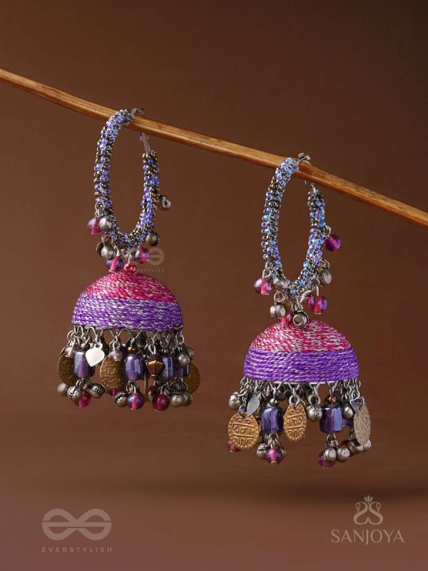 Dvibhat - The Twilight Tinkles - Resham, Coins And Beads Hand Embroidered Oxidised Jhumka Earrings