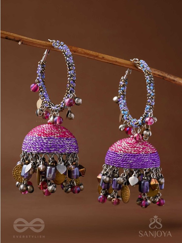 Dvibhat - The Twilight Tinkles - Resham, Coins And Beads Hand Embroidered Oxidised Jhumka Earrings
