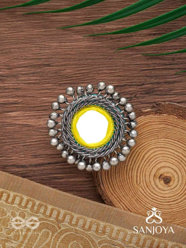 Patangah - Music Of Sunshine - Mirror, Resham And Beads Hand Embroidered Oxidised Ring