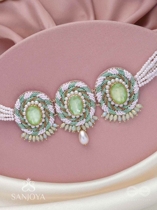 Tankasala - Frosted Fern - Stones And Pearls Hand Embroidered Neckpiece