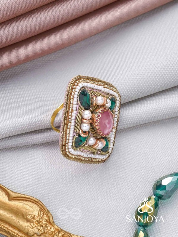 Naimisa - Blooms In Forest - Stones, Beads And Dabka Hand Embroidered Ring (Adjustable)