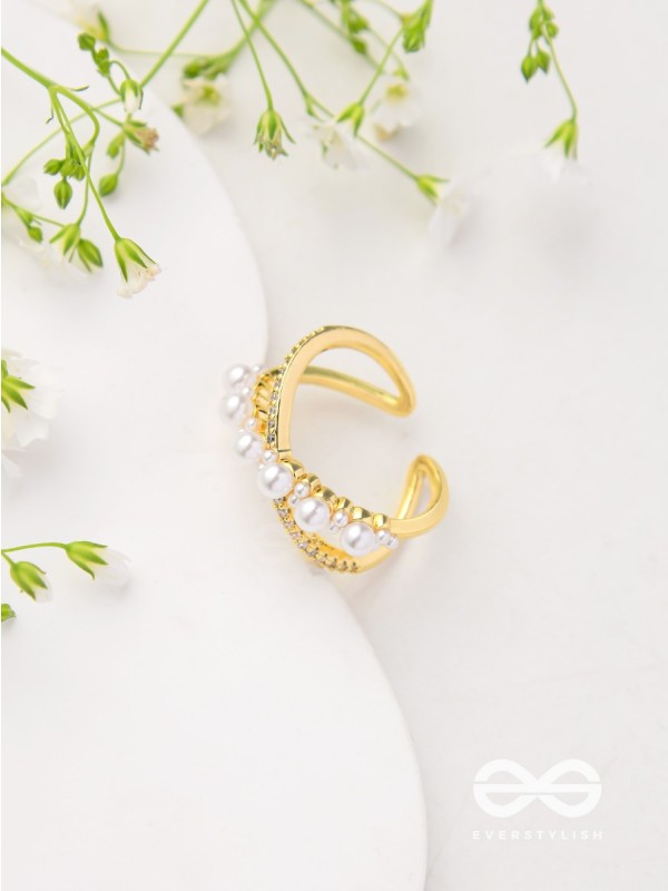 Crisscrossed Pearls - Golden Embellished Ring 