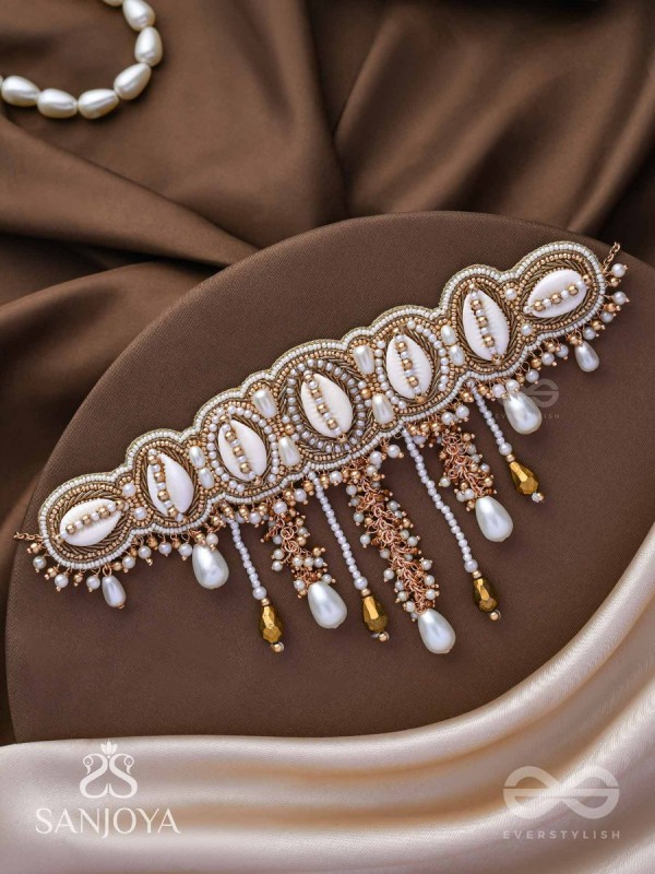 Abdhimanduki - The Pearl Lagoon- Shells, Beads, Pearl And Glass Drops Hand Embroidered Neckpiece