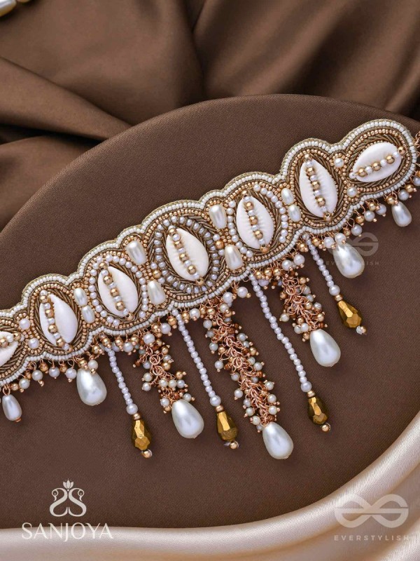 Abdhimanduki - The Pearl Lagoon- Shells, Beads, Pearl And Glass Drops Hand Embroidered Neckpiece