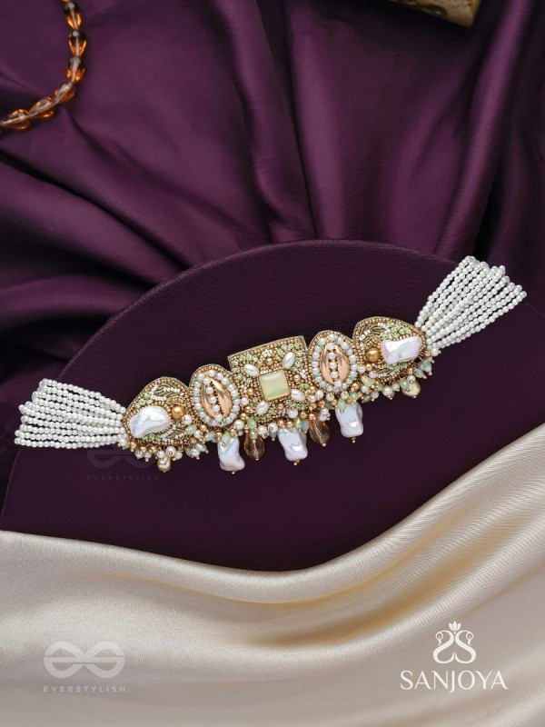 Himahati- The First Snow- Shells, Beads And Glass Drops Hand Embroidered Choker Neckpiece