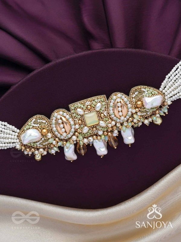 Himahati- The First Snow- Shells, Beads And Glass Drops Hand Embroidered Choker Neckpiece