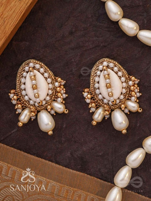 Dinara - The Shell Shoreline - Beads, Shells And Pearl Drops Hand Embroidered Earrings