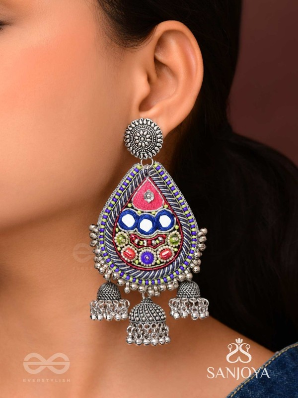 Kalatra- The Royal Citadel- Mirror, Resham And Beads Hand Embroidered Oxidised Earrings