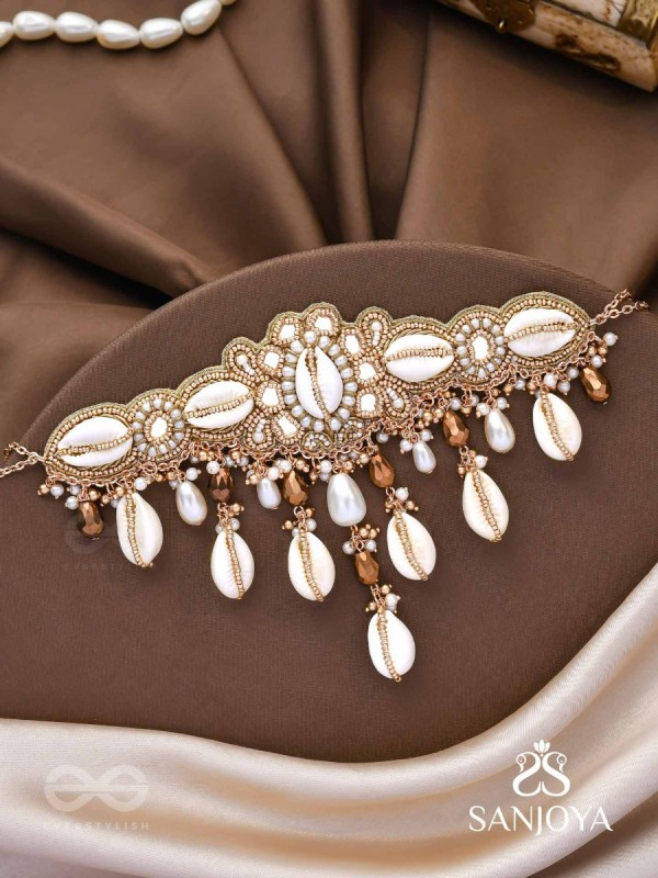 Lavana- The Coast Memoirs- Shells, Beads And Glass Drops Hand Embroidered Choker Neckpiece