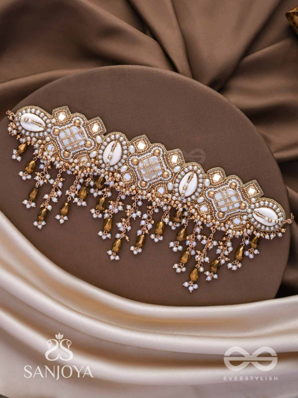 Bhadrashochi- The Shimmering Shower- Shells, Beads, Mirror And Glass Drops Hand Embroidered Choker Neckpiece