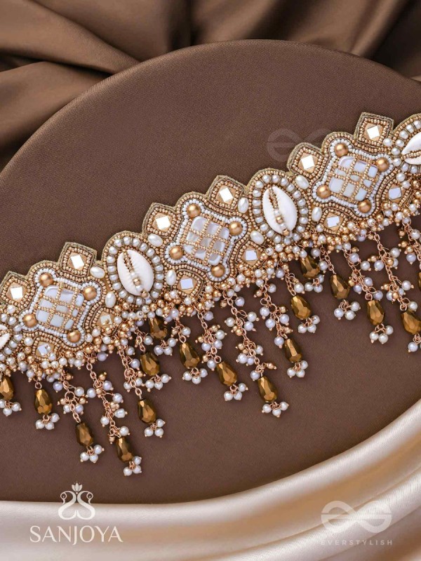 Bhadrashochi- The Shimmering Shower- Shells, Beads, Mirror And Glass Drops Hand Embroidered Choker Neckpiece