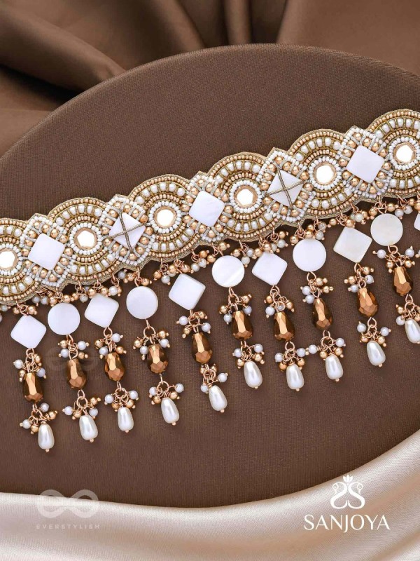 Devasattra- The Festive Downpour- Mirrors, Beads, Pearl And Glass Drops Hand Embroidered Choker Neckpiece
