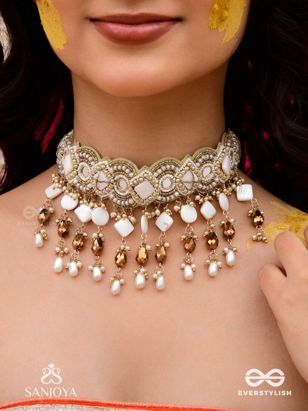 Devasattra- The Festive Downpour- Mirrors, Beads, Pearl And Glass Drops Hand Embroidered Choker Neckpiece