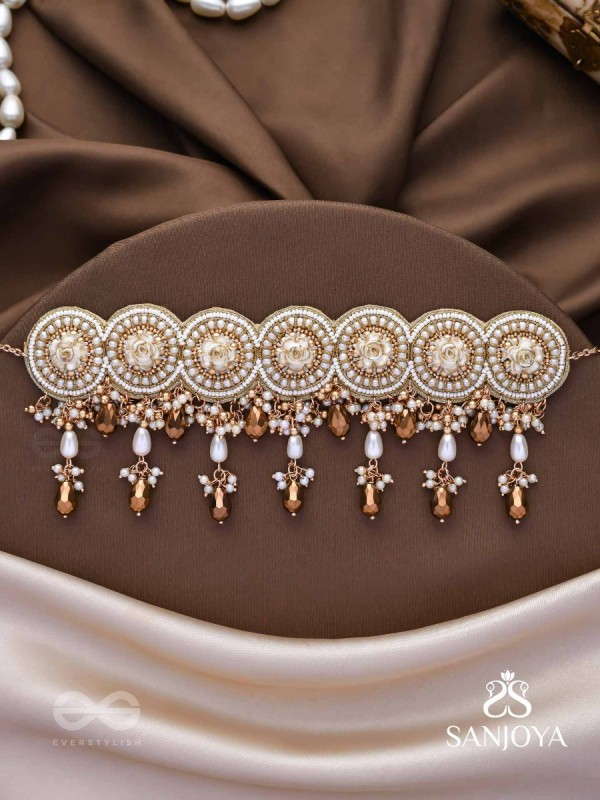 Stavaka- The Beloved Bouquet- Beads, Pearl And Glass Drops Hand Embroidered Choker Neckpiece