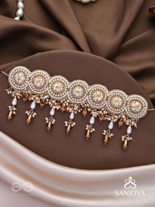 Stavaka- The Beloved Bouquet- Beads, Pearl And Glass Drops Hand Embroidered Choker Neckpiece