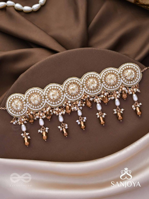 Stavaka- The Beloved Bouquet- Beads, Pearl And Glass Drops Hand Embroidered Choker Neckpiece