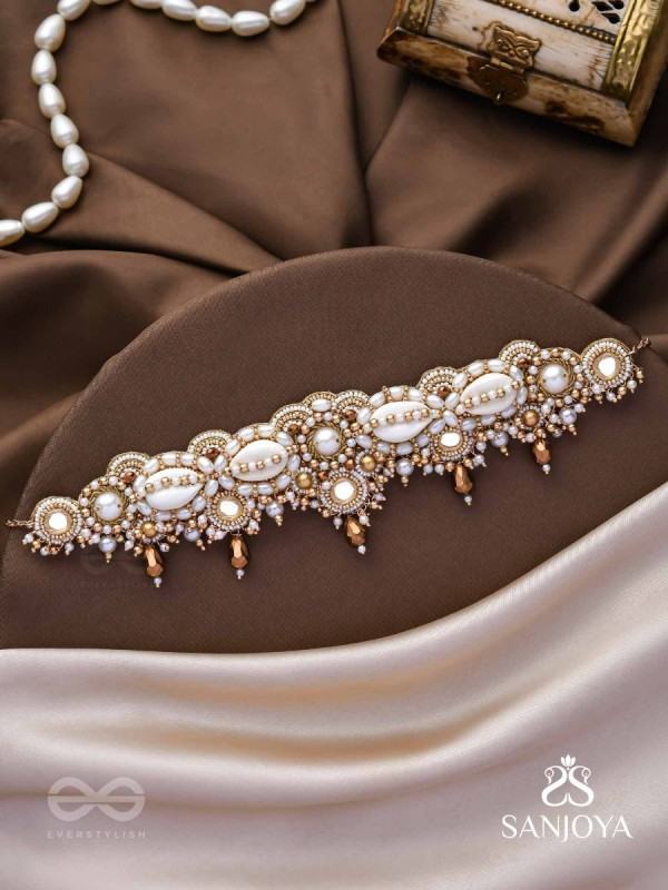 Alingana- The Chaste Embrace- Shells, Beads And Glass Drops Hand Embroidered Choker Neckpiece