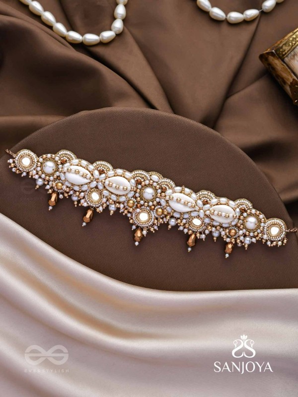Alingana- The Chaste Embrace- Shells, Beads And Glass Drops Hand Embroidered Choker Neckpiece