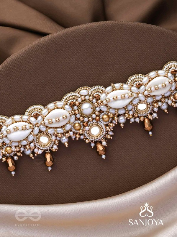 Alingana- The Chaste Embrace- Shells, Beads And Glass Drops Hand Embroidered Choker Neckpiece