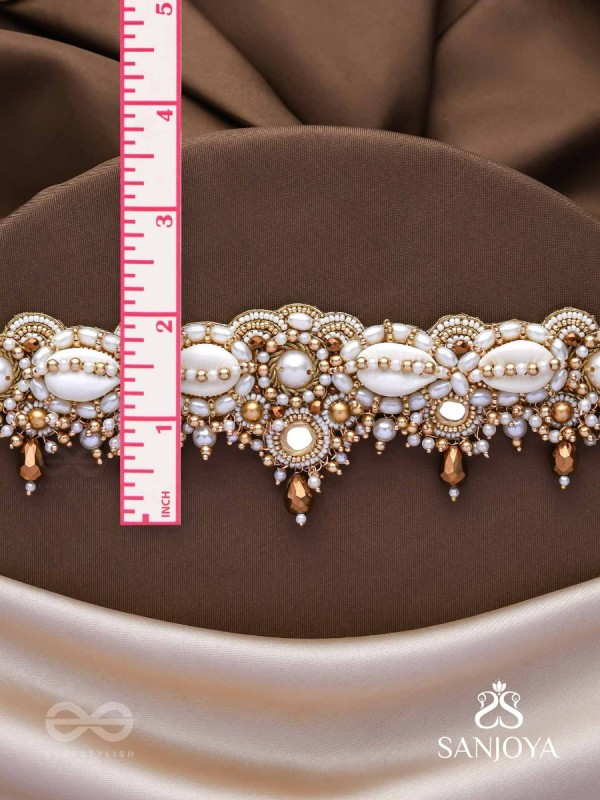 Alingana- The Chaste Embrace- Shells, Beads And Glass Drops Hand Embroidered Choker Neckpiece