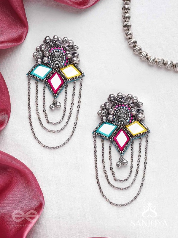 Taruna - The Vivid Landscapes - Mirrors, Resham And Beads Hand Embroidered Oxidised Earrings