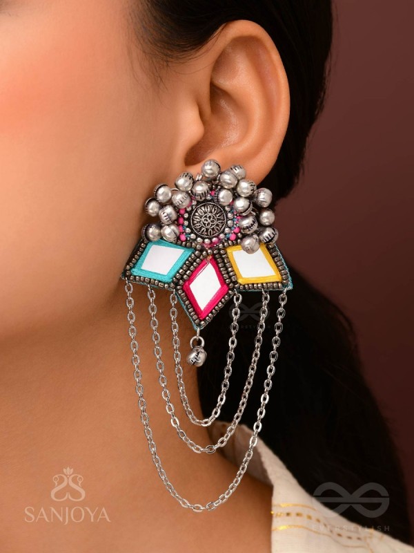 Taruna - The Vivid Landscapes - Mirrors, Resham And Beads Hand Embroidered Oxidised Earrings