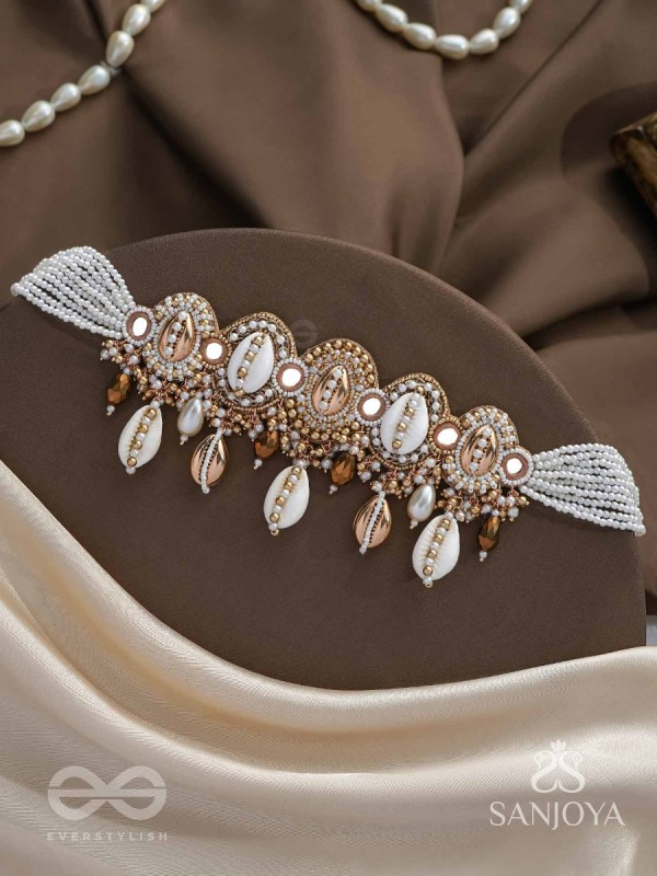 Velakula- The Coastline Stories- Shells, Beads, Pearl And Glass Drops Hand Embroidered Choker Neckpiece