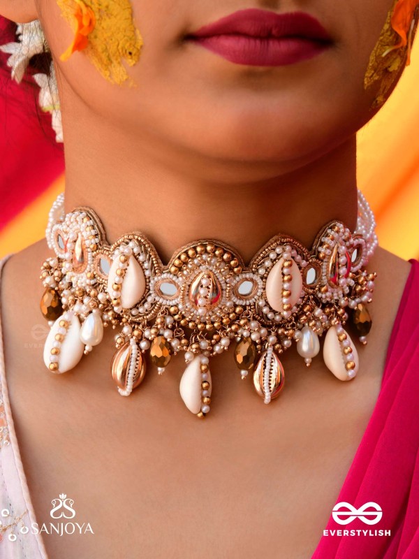 Velakula- The Coastline Stories- Shells, Beads, Pearl And Glass Drops Hand Embroidered Choker Neckpiece