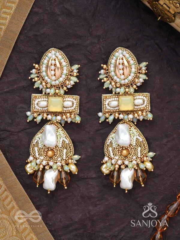 Atisitam- - The Regal Wonderland- Shells, Stones, Beads And Glass Drops Hand Embroidered Earrings