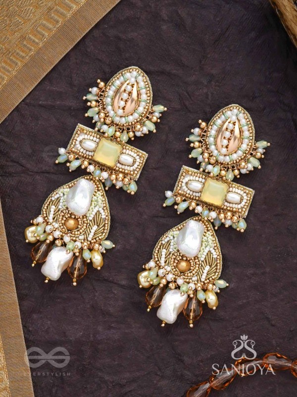 Atisitam- - The Regal Wonderland- Shells, Stones, Beads And Glass Drops Hand Embroidered Earrings
